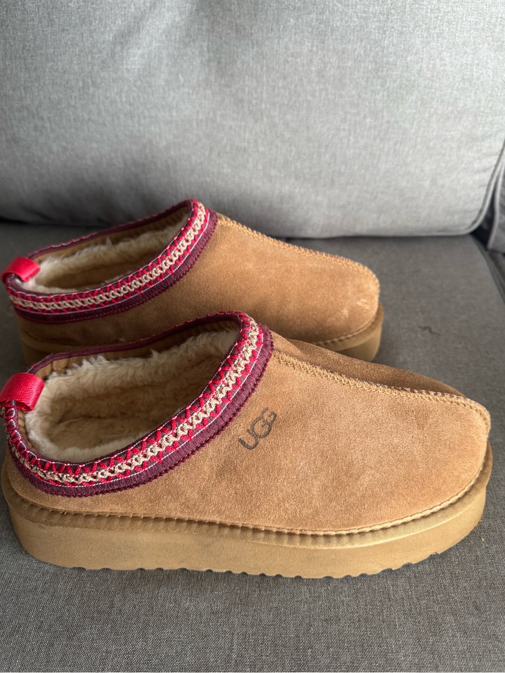 UGG Women’s Chestnut Suede Mule Slippers with Red Trim